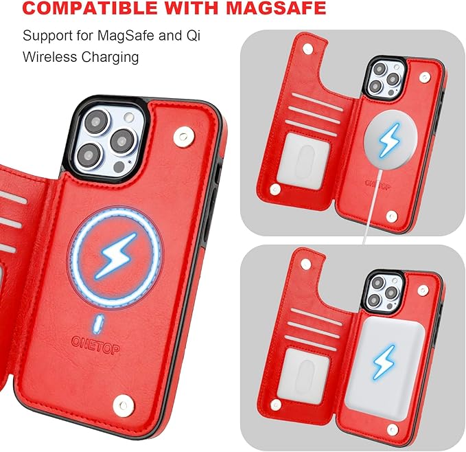 ONETOP Compatible with Magsafe for iPhone 13 Pro Max Wallet Case with Card Holder, PU Leather Kickstand RFID Blocking Case, Double Magnetic Clasp and Durable Shockproof Cover 6.7 Inch (Red)