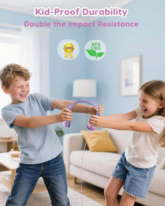Kids Headphones, 74/85/94dB Volume Limiter, Foldable Wired Over Ear Headphones for Travel, 3.5mm Jack, Toddler Headphones for School, Chromebook, iPad, Tablet, Purple Pink