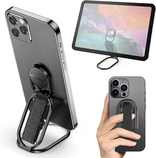 [2025 New] Mindsky Phone Grip for Kickstand Compatible with Finger Loop, 3-in-1 Phone Ring Holder Strap for All Mobile Phones-Black (Ligament Type) (3 in 1 Phone Ring Holder) (3M Adhesive Phone Ring)