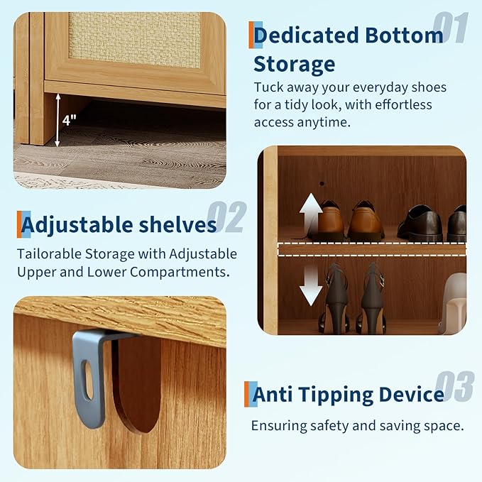 Garvee Rattan Shoe Cabinet for Entryway, Wooden Shoe Rack Freestanding Storage Cabinet with Adjustable Shelves for Living Room Hallway, Dark Oak