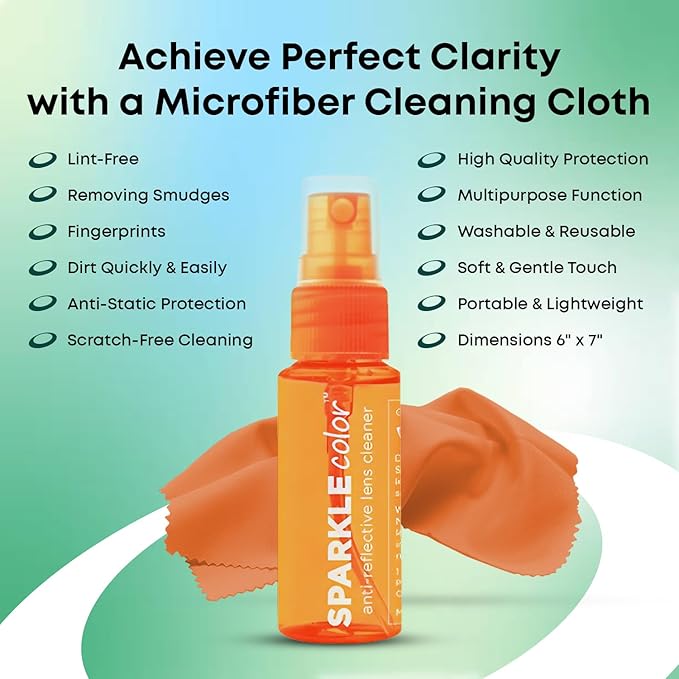 Sparkle Anti-Reflective Safe Lens Cleaner Spray Kit - (2) 1oz Glasses Cleaner Bottle & (2) Microfiber Cloth for Eyeglasses, Sunglasses, Lenses, Screens and Camera Cleaning Kit (4 Piece Set)
