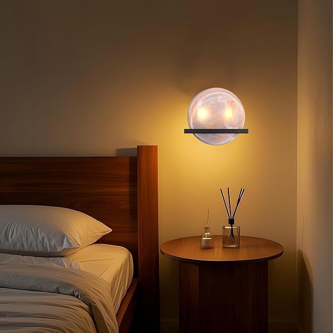 2 Light 10" Round Red Glass Bathroom Wall Sconce Modern Concise Style Wall Light Fixture,Black Finish for Bedroom Hallway Bedside