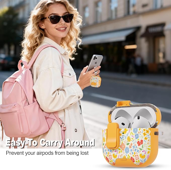 for AirPods 4 Case with Secure Lock Clip in Phone Stand,Floral Girly Style Protective Cover with Cleaning Kit and Hand Strap for Apple AirPod 4 Generation (Sunshine Petals)