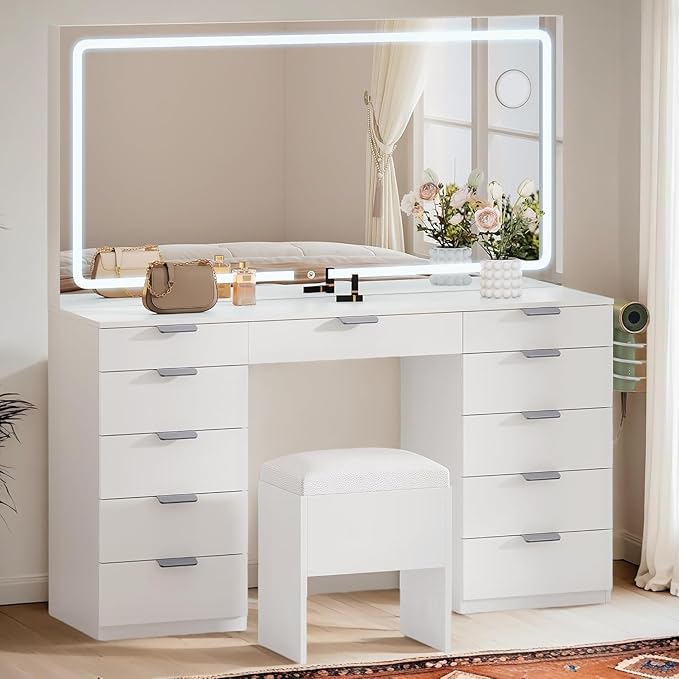 YITAHOME 46" Vanity Table with LED Lighted Mirror, Makeup Desk with 11 Drawers, Cushioned Storage Stool, Vanity Set with Power Outlet & Magnifying Mirror