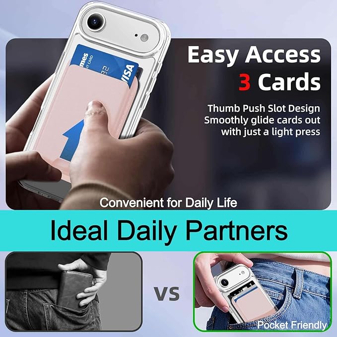 Magnetic for iPhone Air Case & iPhone 17 Air Case Clear with Pink Detachable Wallet, Compatible with MagSafe, Military Protective Slim Phone Cover with Card Holder