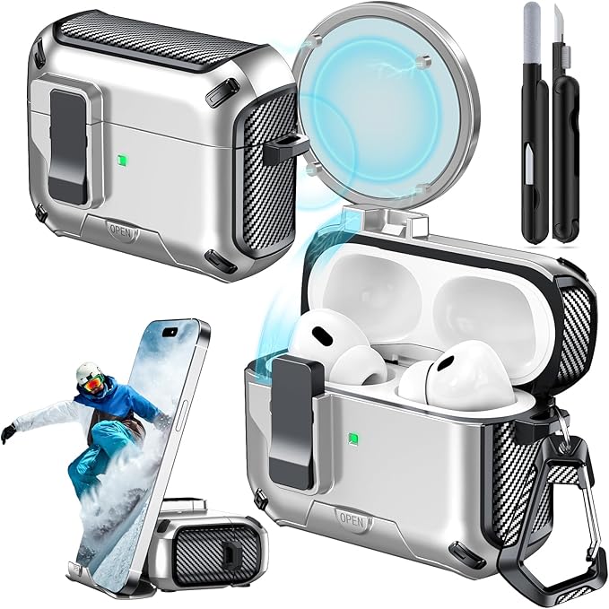 for AirPods Pro 2nd/1st Case (2023/2022/2019) with Phone Stand,（with Automatic Snap Switch） Carbon Fiber Design Protection Cover with Cleaning Pen,Silver