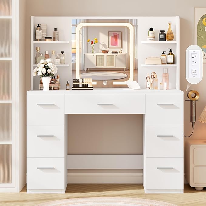 Large Makeup Vanity Desk, 43.3”W x 15.7“D x 53.2”H, White (Large Desktop, Samrt LED Mirror, 4 Open Shelves, 7 Drawers, Hairdryer Rack, Power-Outlet, No Cushion Stool Included)