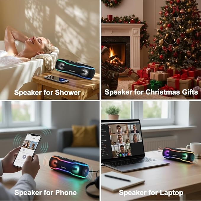Bluetooth Shower Speaker, IPX7 Waterproof Portable Wireless Speaker, 24H Playtime, LED Lights, TWS Pairing, for Outdoor Party, Beach, Travel, Pool, Gifts, Black