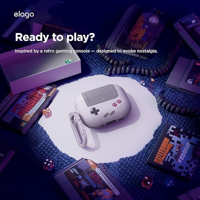 elago AW5 Compatible with AirPods Pro 3 Case Cover - Classic Retro Handheld Game Console Design Case, Carabiner Included [Light Grey]