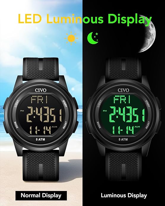 CIVO Digital Watches for Men Women: Sports Waterproof Wristwatch with Stopwatch Alarm Date - LED Backlight Big Numbers Silicone Watch for Outdoor Camping Running Cycling