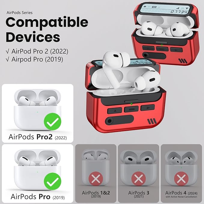 (with Safety Lock) Pager Cases Compatible with AirPods Pro 2nd Generation Case Cover with Cleaner Kit,Hard TPU Full Protection for AirPods Pro 2 Charging Case(USB-C)(2023/2022/2019) for Men-Red