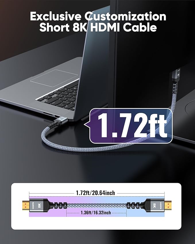 Highwings High Speed 8K 60Hz Short HDMI Cable 1.5FT/0.5M, 2.1 48Gbps HDMI Braided Cable-4K@120Hz 7680P,DTS:X,HDCP 2.2 & 2.3, HDR 10,eARC,Dynamic HDR, Compatible for PS5,Monitor,PC and More