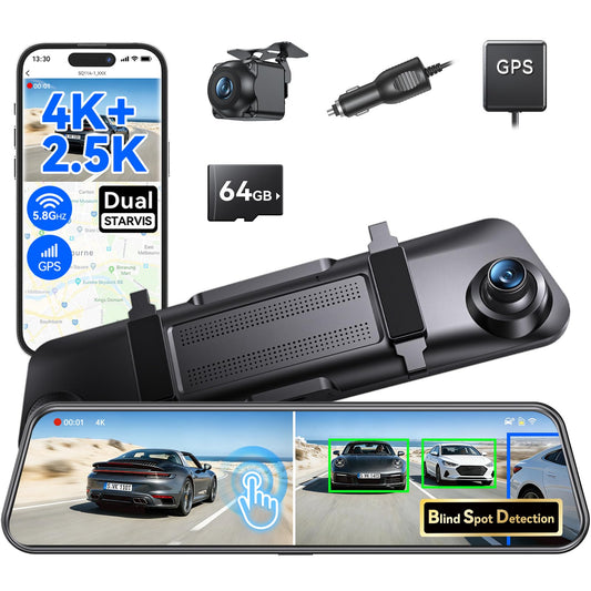 Mirror Dash Cam, 12 Touch Screen, 4K Front + 2.5K Rear Camera