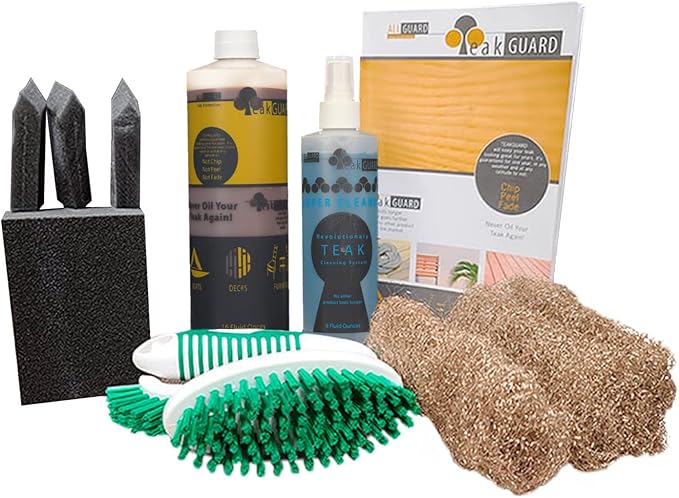 Teak Cleaning Supplies Bundle Featuring 16oz Teak Brightener and Finish, Super Cleaner 8 oz, Wood Scrub Brush, Foam Brushes & Bronze Wool, Water-Based & Safe
