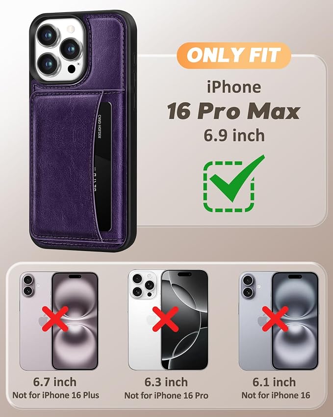 for iPhone 16 Pro Max Case with Wallet - Fits 4 Card Slots, Compatible with MagSafe for Women Aesthetic Durable PU Leather Credit Card Holder Kickstand Phone Cover for Apple 16 Promax, Purple
