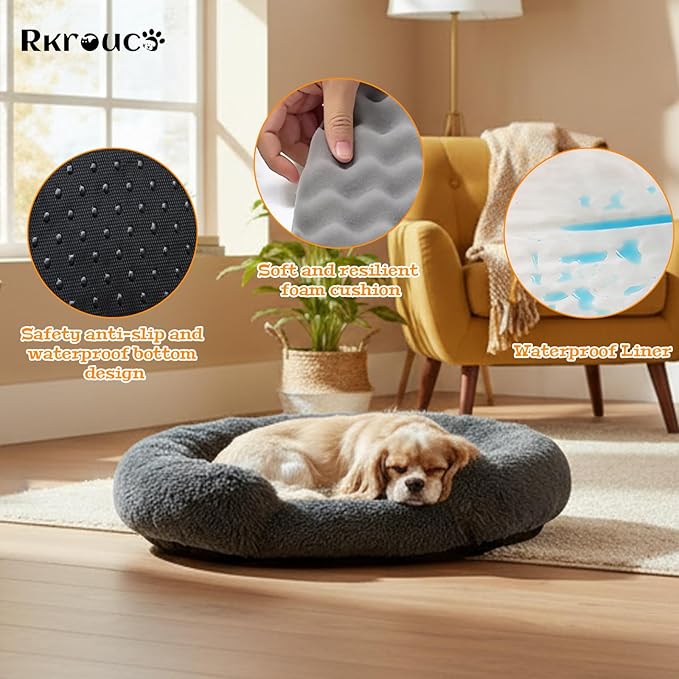 Fluffy Dog Bed Calming Donut Beds for Large Dogs Warming Round Small Medium Pet Nest Cozy Cat Mattress Indoor Washable Puppy Kennel Kittens Sleep Mat (XL, 43.3×43.3 inch, Dark Gray)