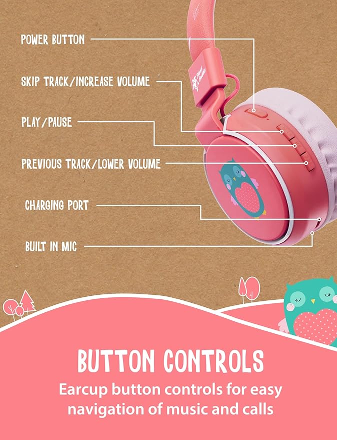 Planet Buddies Kids Headphones, Foldable Wireless On Ear Bluetooth Headphones for Kids with Microphone, 85dB Volume Limiter, Cute Owl Kids Earphones for Tablets and Phones, Travel, School & Music