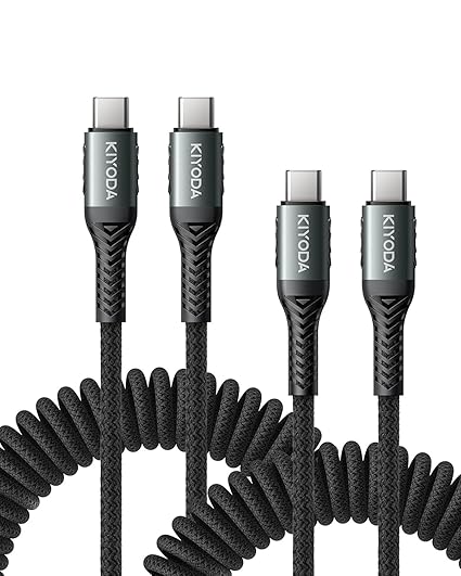 USB C to USB C Cable Coiled 3FT 2Pack, Braided Type C Charger for Car-Black