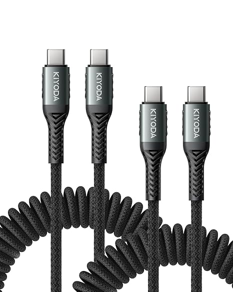 USB C to USB C Cable Coiled 3FT 2Pack, Braided Type C Charger for Car-Black