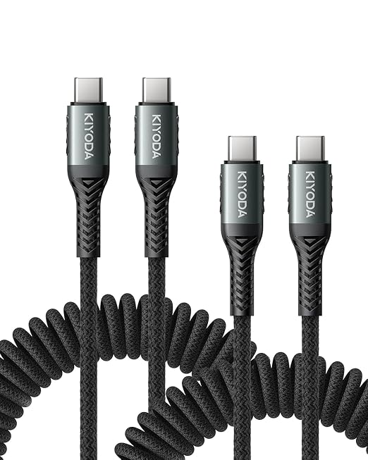 USB C to USB C Cable Coiled 3FT 2Pack, Braided Type C Charger for Car-Black