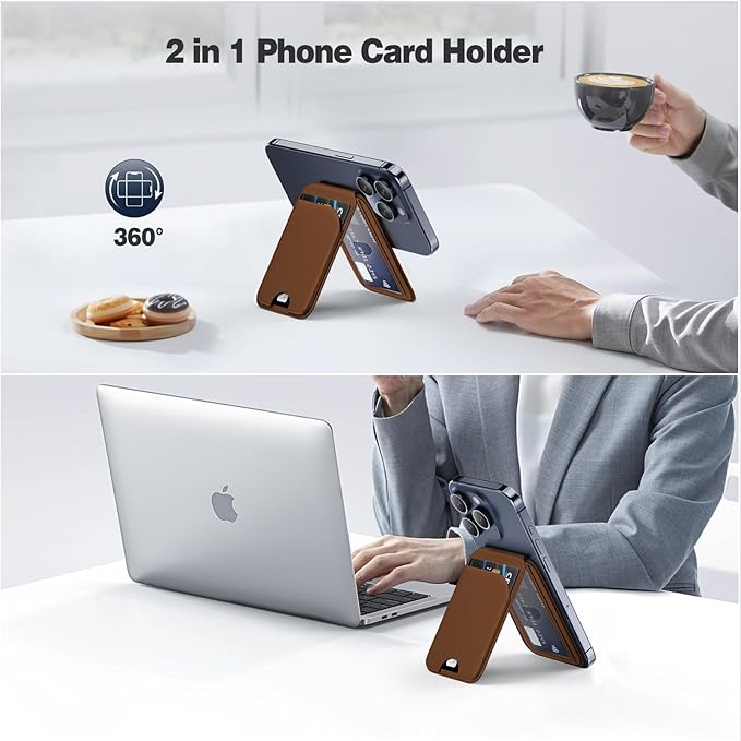 Mag-Safe Wallet for iPhone - Lightweight Magnetic Phone Wallet Stand With Adjustable Leather Card Holder for iPhone 17/16/15/14/13/12 Series, Not for Mini (Brown)