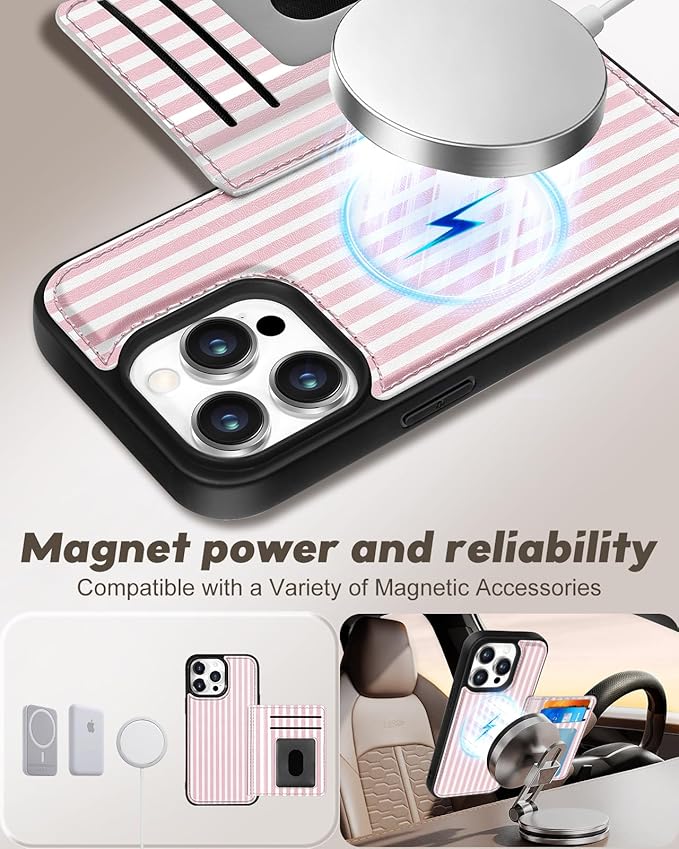 for iPhone 13 Pro Max Case with Wallet - Fits 4 Card Slots, Compatible with MagSafe for Women Aesthetic Durable PU Leather Credit Card Holder Kickstand Phone Cover for Apple 13 Promax, Stripe