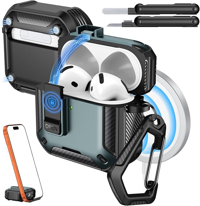 MoKo for AirPods 4 Case with Lock 2024 - Compatible with MagSafe, Phone Stand & Auto Pop-up for AirPods 4th Generation Case, Military-Grade Protective Cover with Cleaner Kit, Apple Green+Black