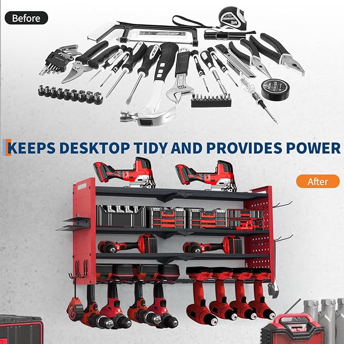 Power Tool Organizer, Drill Holder Wall Mount, Heavy Duty 4-Layer Garage Rack Metal Loads 400Lbs, 8 Drill Storage Shelf with Hooks, Drill Bit Shelf Power Tool Rack for Garage, Workbench