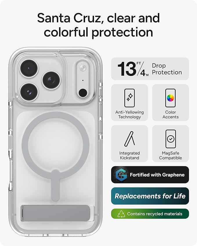ZAGG Santa Cruz Snap Case with Kickstand for iPhone 17 Pro - Silver, Drop Protection (13ft/4m), MagSafe Charging Compatible, ClearGuard Anti-Yellowing Technology, Scratch Resistant Phone Case