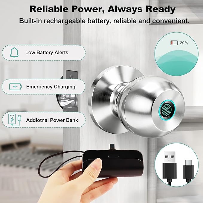 Fingerprint Door Lock, Smart Door Knob, Keyless Entry Door Lock with App Control, Thumbprint Door Knob with Extra Power Bank, Suitable for Home, Bedroom, Apartments, Office - Sliver