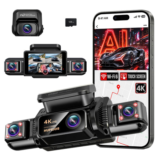 HUPEJOS AI 4K Dash Cam Front and Rear, 360° View 4 Channel Camera for Car
