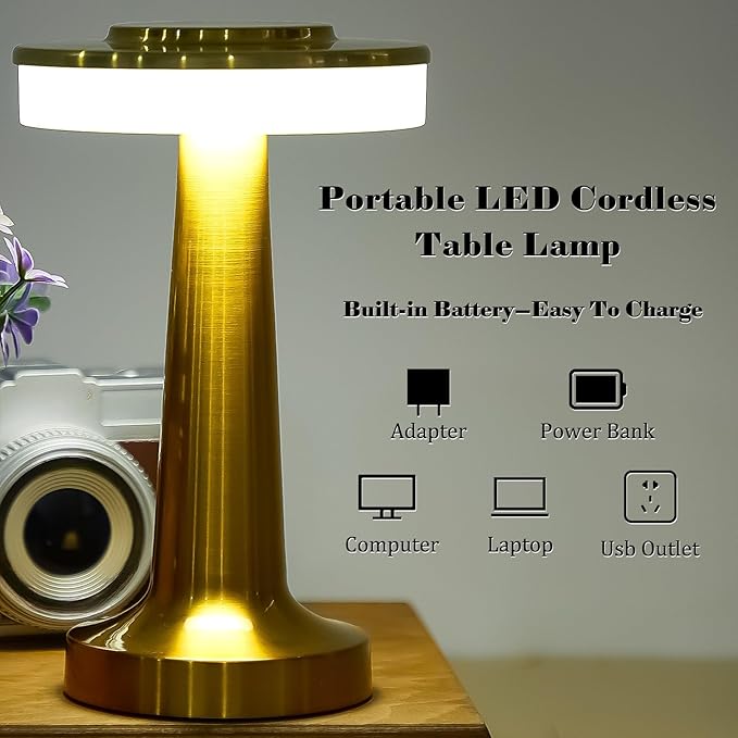 VIHOSE 8 Pcs Gold Cordless Table Lamps LED Portable Rechargeable Table Lamp with Touch Sensor 3 Color Dimming up to 15 Hours Battery Desk Light for Restaurant Nursery Living Room