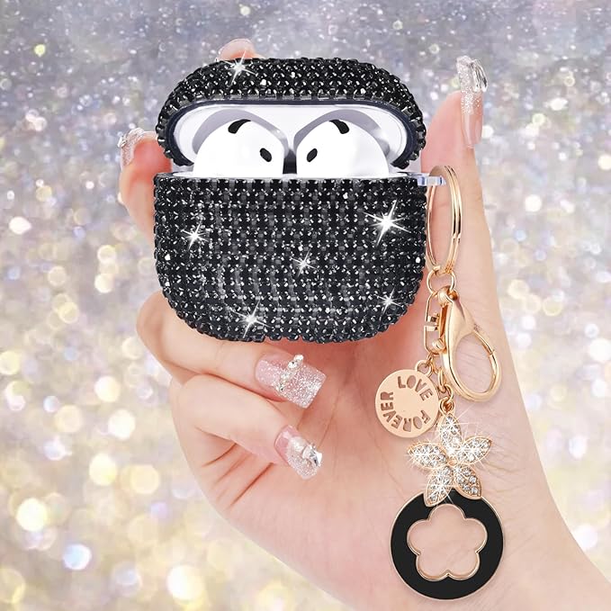 VISOOM Cute Jewelry Cases for Airpods 4 Cases 2024 Cover Women, Sparkly Air pods 4 Gen Case Hard TPU Airpod Case 4th Generation Bling Glitter iPods 4 Cas Keychain for iPods Earbuds Airpods 4th-Black