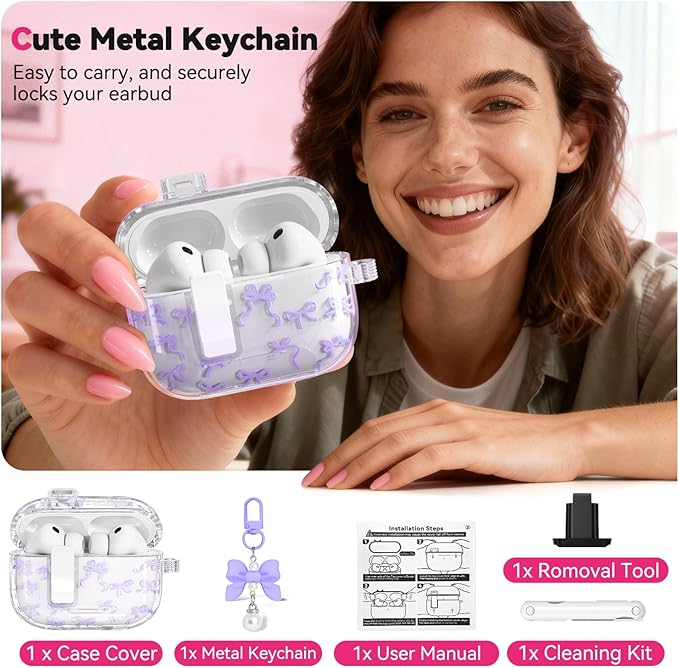 for AirPods Pro 3 Case with Secure Lock & Phone Stand, Bow-Print Clear Case for Apple AirPods Pro 3rd Generation 2025 Cover with Cleaner Keychain for Women Girly (Purple, Airpods Pro 3 (2025))