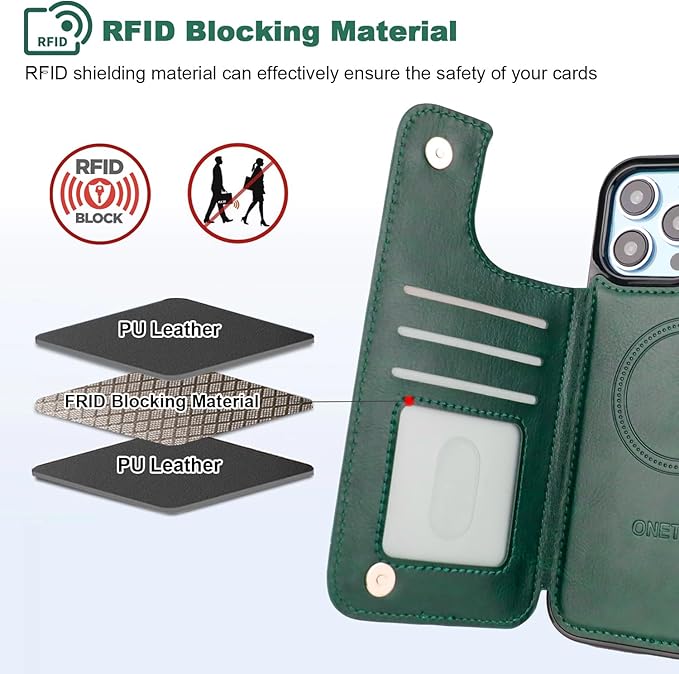 ONETOP Compatible with Magsafe for iPhone 13 Pro Max Wallet Case with Card Holder, PU Leather Kickstand RFID Blocking Case, Double Magnetic Clasp and Durable Shockproof Cover 6.7 Inch (Green)