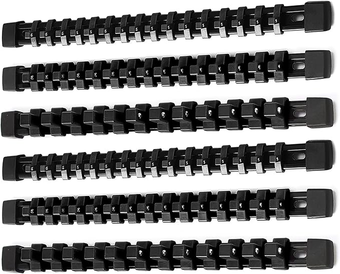 ALOANES 6PC ABS Socket Organizer, Socket Rails Fit 1/2 inch, 3/8 inch and 1/4 inch Drive, Heavy Duty Socket Holders Hold up to 86 Sockets, Black Rails with Black Clips