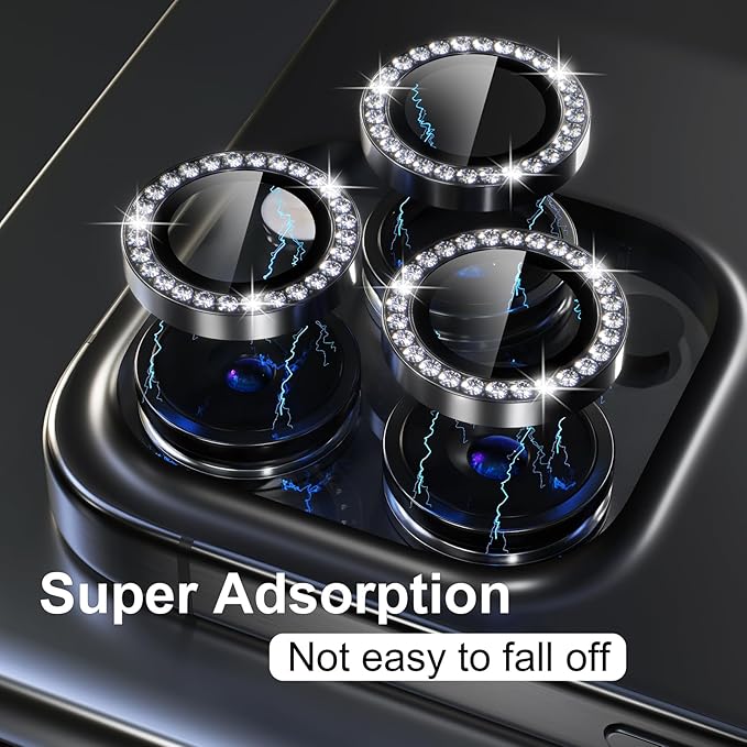 Misea Compatible for iPhone 15 Pro/iPhone 15 Pro Max Camera Lens Protector Bling, 9H Tempered Glass Camera Cover Screen Protector Metal Individual Ring Protector Decoration Accessories, Black Diamond