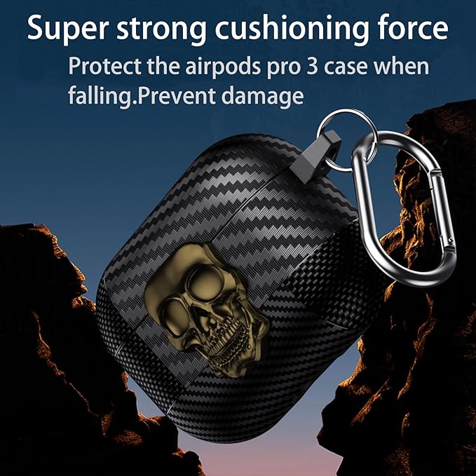 for Hard AirPods Pro 3 Case 2025|Funny 3D Skull Air Pods Pro 3 Case with Lock(Model A2700/A2931)|with Keychain|Halloween Cool Carbon Fiber Airpods 3 Pro Cases for Man Women(Bronze)