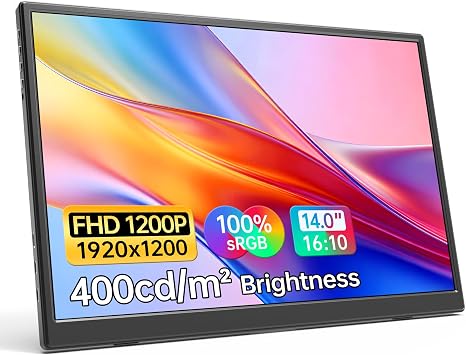 WGK 14 inch Portable Monitor 1200P FHD+ 100% sRGB Travel Display HDMI/USB-C Compatible with Laptops, Desktops, Phones, PS, Mac, Xbox, Switch, and Other Gaming Devices Includes Stand and Speakers VESA