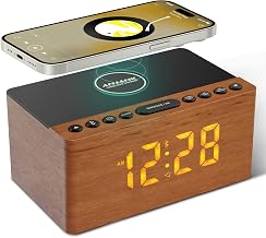 ANJANK Wooden Bluetooth Speaker, Alarm Clock with FM Radio, Qi Certified Fast Wireless Charging Station for iPhone/Samsung, USB Charger Port, Dimmable Display, Digital Wood Clock for Bedroom, Bedside - Image 1