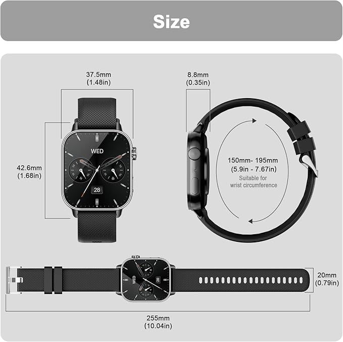 Smart Watch for Men Women, 1.85'' AMOLED HD Fitness Watch with 120+ Sports Modes, Bluetooth Call/Heart Rate/Sleep Monitor/Pedometer, Smartwatch for Android iOS, IP68 Waterproof, Light Black