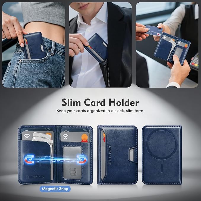 Antsturdy for Magsafe Wallet Stand with Holder,PU Leather RFID Blocking Card Holder,5 Card Slots,Strong Magnet Minimalist Flip Folio Kickstand for iPhone 17/16/15/14/13/12/Pro/Max/Plus/Air,Blue