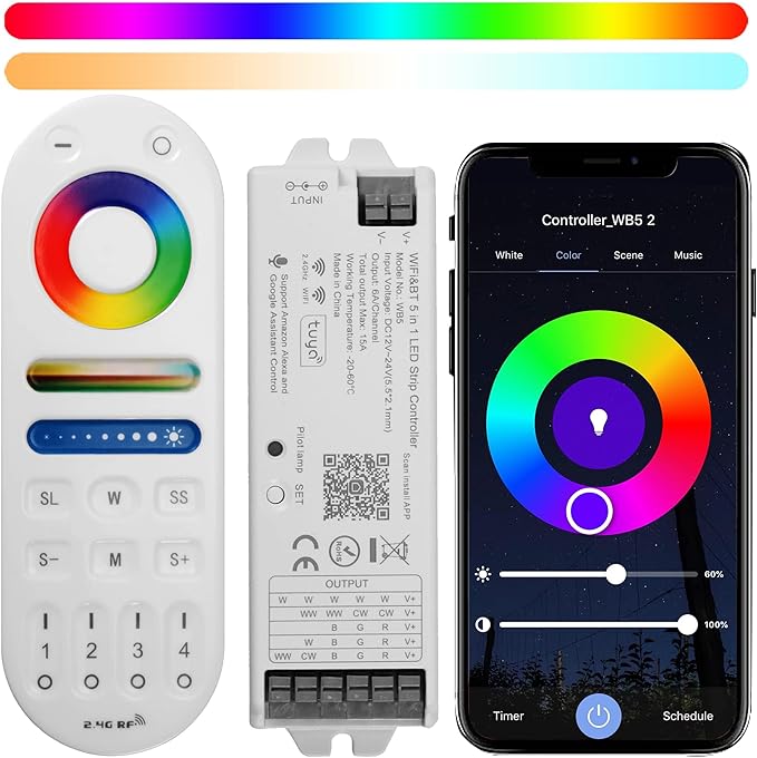 LM091+WB5 WiFi Remote Controller Kit for RGB CCT RGBW Dimming LED Strip Lights, 4-Zone RF Wireless Control + DC12-24V 5-in-1 LED Controller Compatible with Alexa Google Home Smart Life Tuya APP