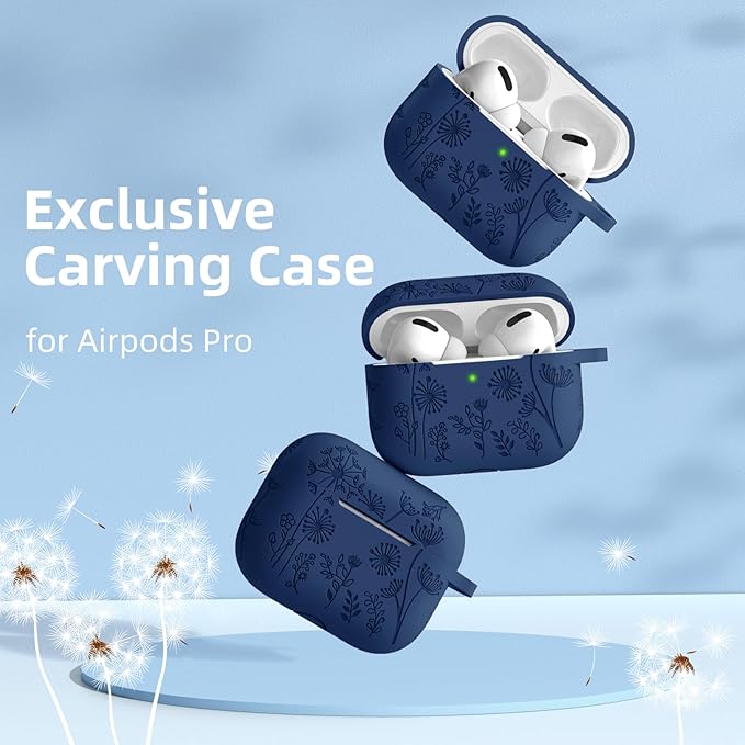 Lerobo for Airpod Pro Case 2nd 1st Generation Case USB C, Cute Flower Engraved Soft Silicone Cover Compatible with Apple AirPod Pro/Pro 2 Case, Full Protective, Front LED Visible, Midnight Blue