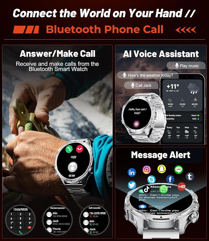 Smart Watches for Men(Answer/Make Calls) with LED Flashlight, 1.85"HD Screen Outdoor Sports Smartwatch ,800mAh Battery,Heart Rate/Sleep Monitor 5ATM Waterproof Fitness Tracker for Android iOS,Sliver