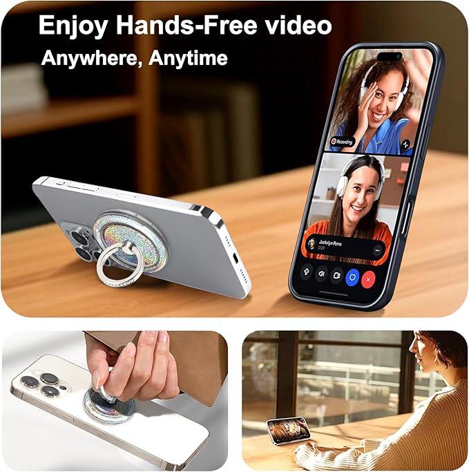 Transparent Magnetic Phone Grip Compatible with MagSafe Phone Ring Holder,360°Adjustable & Removable Silver Glitter Diamond Laser Design Magnet Stand for Phones and Tablets