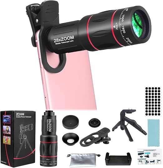 Telephoto Lens Attachment Kit for iPhone and Android Phone Camera Lens with Tripod Clip, 28X HD for Easy Use and Stunning Shots for Views Beyond 3 Metres