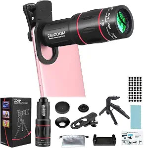 Telephoto Lens Attachment Kit for iPhone and Android Phone Camera Lens with Tripod Clip, 28X HD for Easy Use and Stunning Shots for Views Beyond 3 Metres