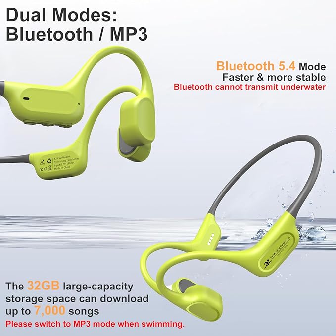 IP68 Waterproof Swimming Headphones, Bone Conduction Liquid Silicone Bluetooth Headphones, Built-in 32GB MP3 Player, Soft and Lightweight Open-Ear Design, Ideal for Swimming/Marathons/Cycling(Neon)