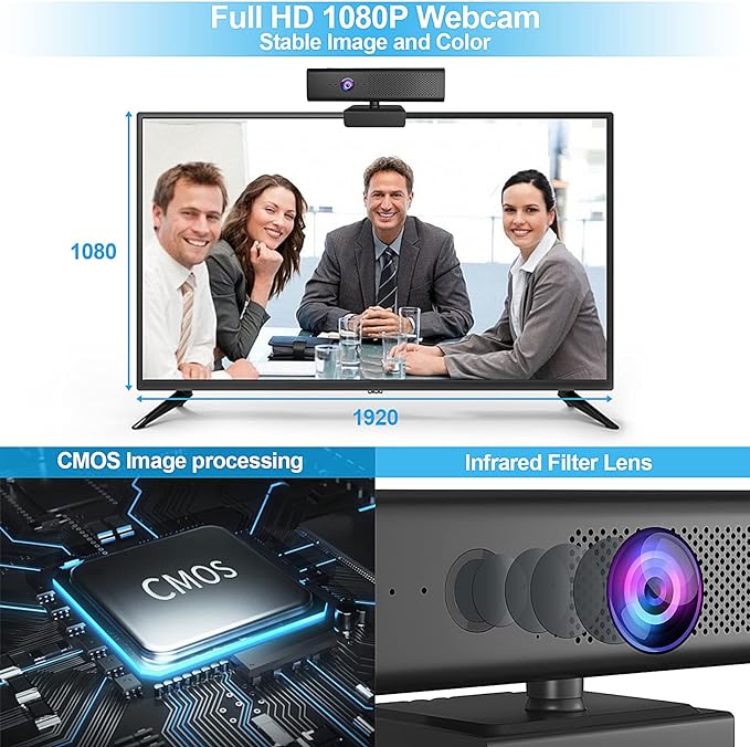 ROTOPATA Webcam with Speakers and Mic, Full HD 1080P/30FPS Computer Camera for Streaming Video Conference , 4 Noise-Cancelling Mics, Privacy Cover, 90°FOV, USB-A, Webcam for PC Desktop Monitor Laptop